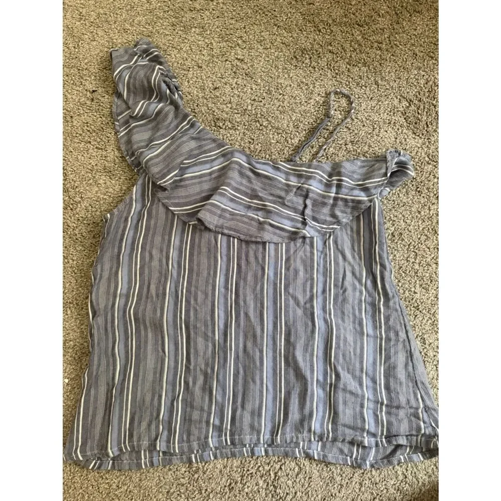 Hollister Blue and White Striped One-Shoulder Ruffle Top
